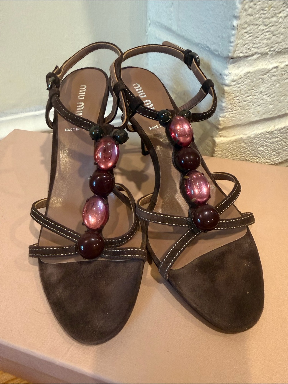 Miu Miu 6 Bead Suede Low Stiletto Gemstone T Strap Stiletto Ankle Strap Occasion
